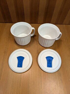 (2) Corning Ware French White Handled Stoneware Soup Mug Cup 20oz w/Vented Lid